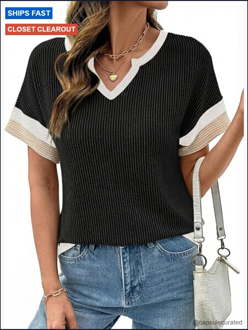 Colorblock V Neck Short Sleeve Tee Dressy Casual Summer Top